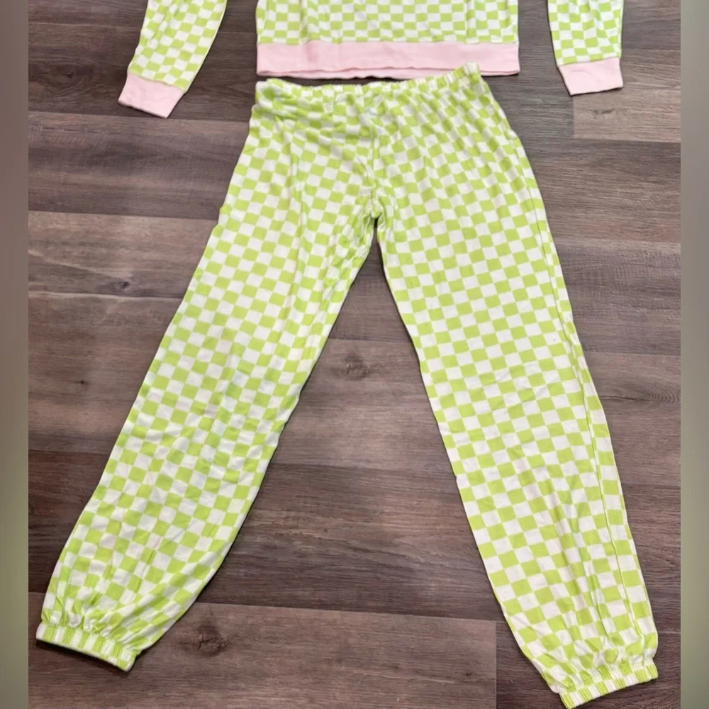 New Honeydew Womens Long Sleeve Check Pajama Shirt Pants Set Green White Size XS